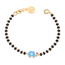 Load image into Gallery viewer, Bracelet with black beads and gold accents, featuring a blue elephant charm on a white background.
