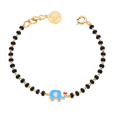 Bracelet with black beads and gold accents, featuring a blue elephant charm on a white background.