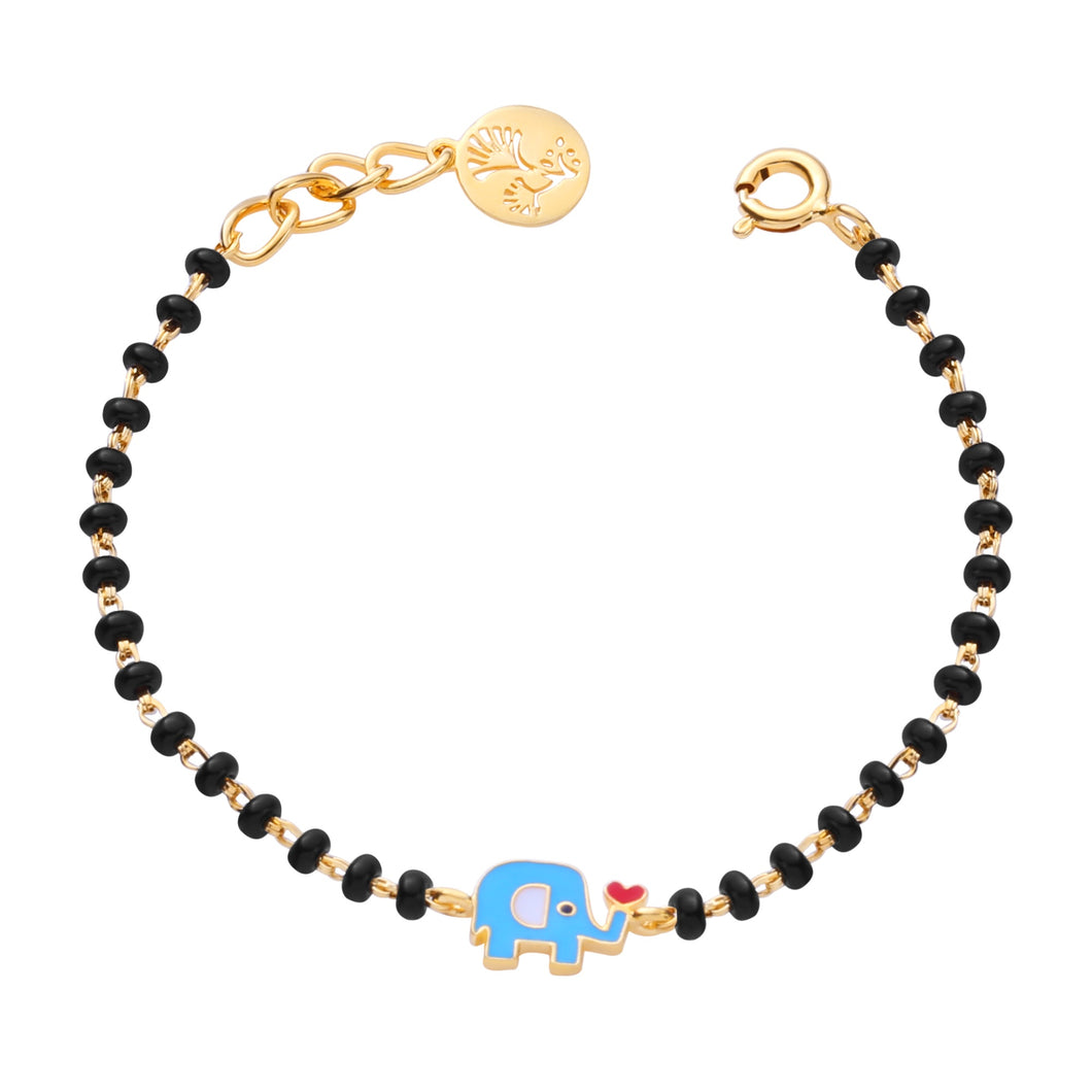 Bracelet with black beads and gold accents, featuring a blue elephant charm on a white background.