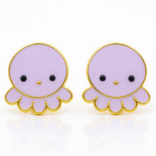 Load image into Gallery viewer, Pair of purple octopus-shaped earrings with gold accents on a white background
