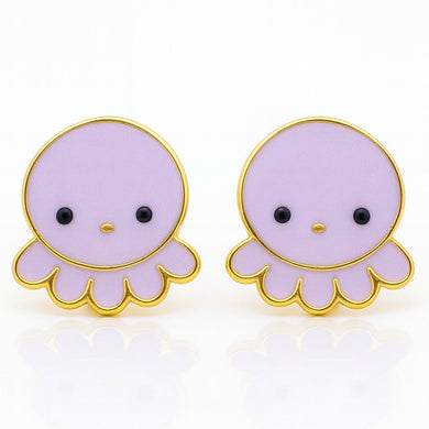 Pair of purple octopus-shaped earrings with gold accents on a white background