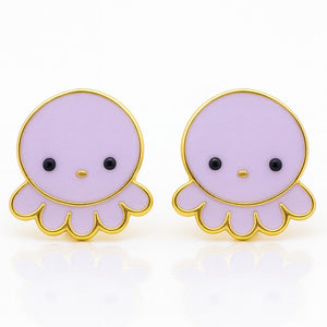 Pair of purple octopus-shaped earrings with gold accents on a white background