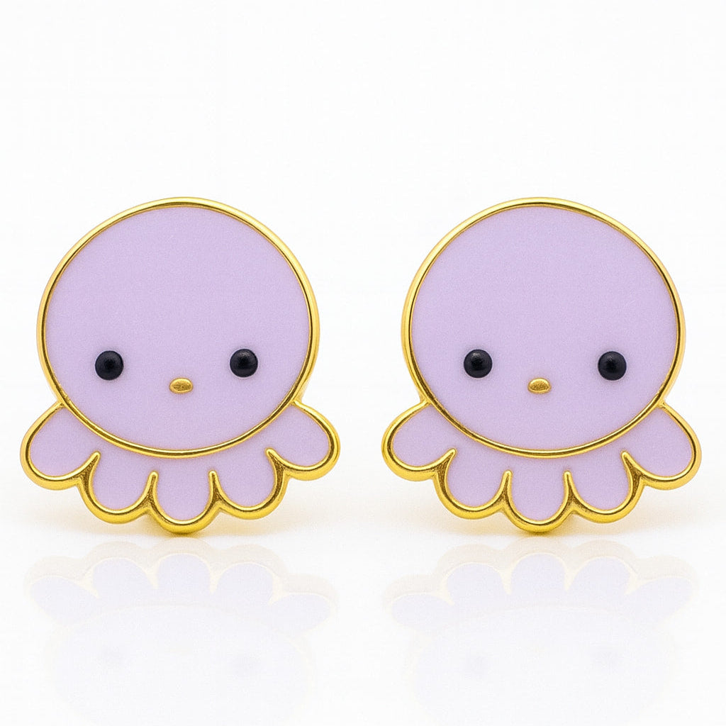 Pair of purple octopus-shaped earrings with gold accents on a white background
