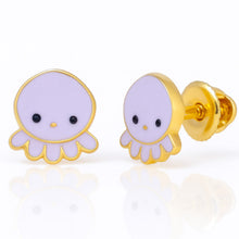 Load image into Gallery viewer, Pair of purple octopus-shaped earrings with gold posts on a white background
