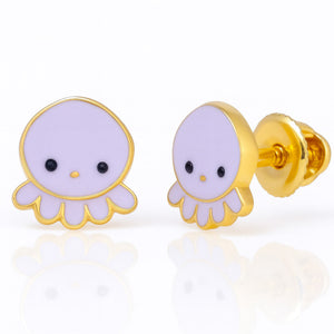 Pair of purple octopus-shaped earrings with gold posts on a white background