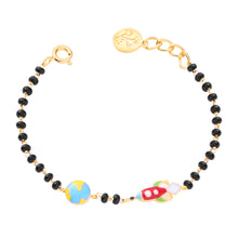 Load image into Gallery viewer, Bracelet with black beads and colorful space-themed charms on a white background
