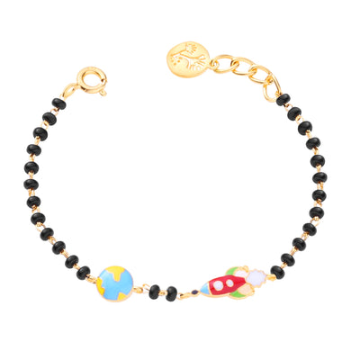 Bracelet with black beads and colorful space-themed charms on a white background