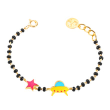 Load image into Gallery viewer, Bracelet with black beads, gold chain, pink star, and yellow UFO charm on a white background
